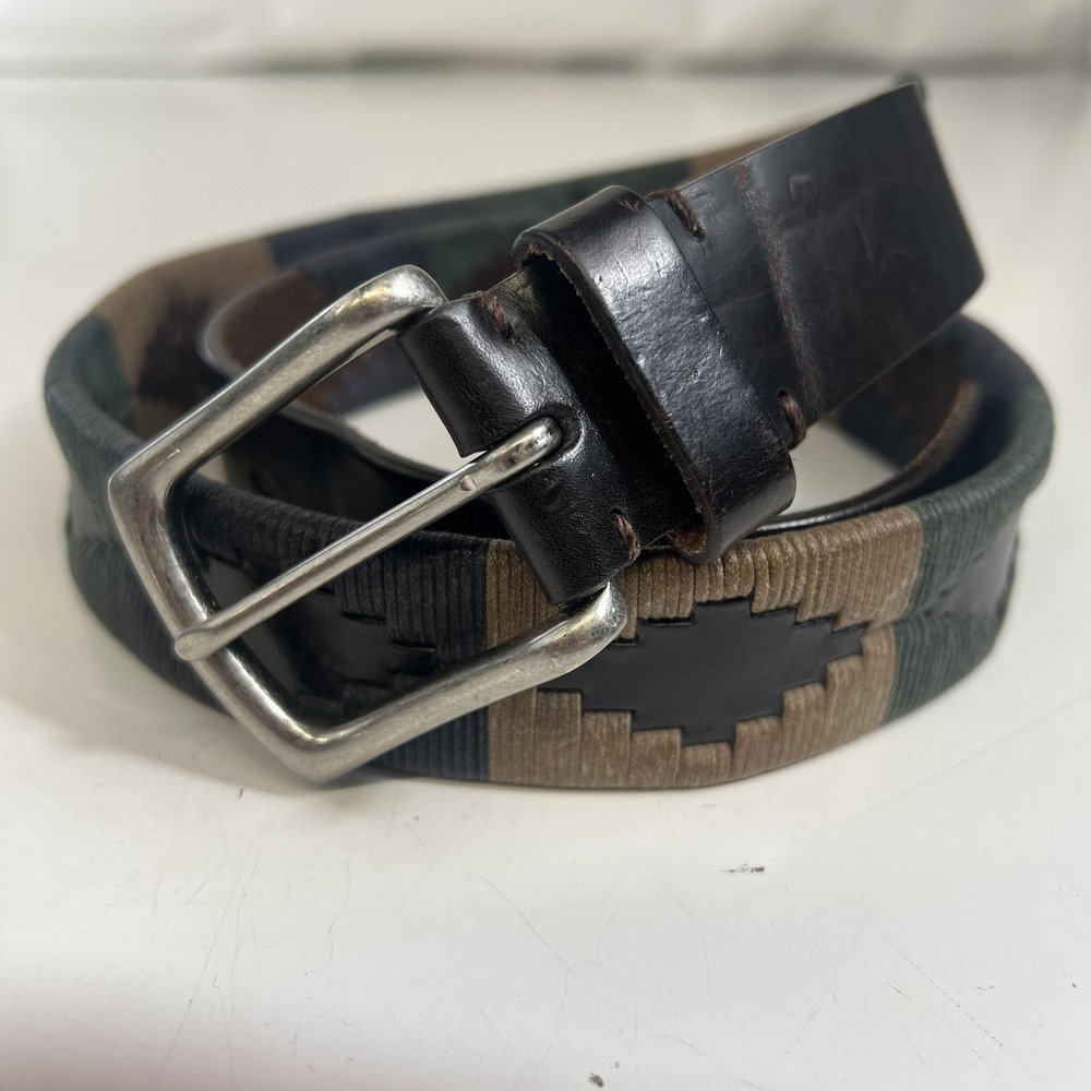 Duluth Trading Co Belt Mens 36 Woven Geometric Leather Solid Brass 91037